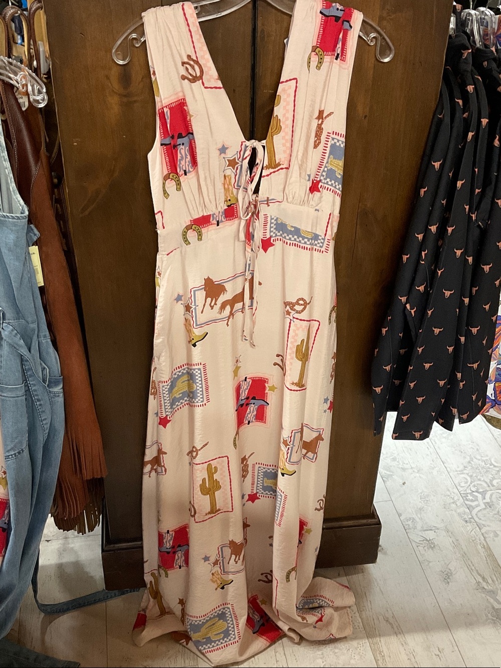 Light Pink Western-Print Maxi Dress with Tie Front